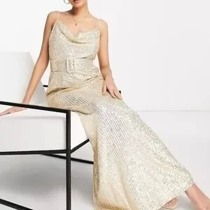 ASOS Design cami embellished maxi dress with a belt in gold ASOS Design cami embellished maxi dress with a belt in gold